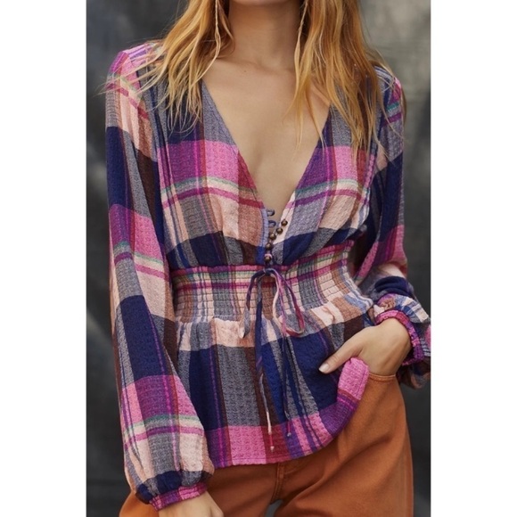 NWT Anthropologie Plaid Deep V-Neck Gauzy Cotton Blouse - Picture 1 of 7